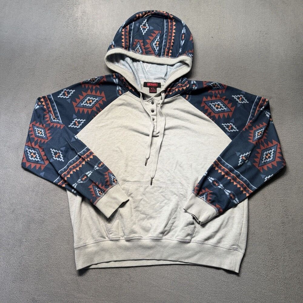 Rock & Roll Denim Womens XL Hooded Henley Hoodie Gray Aztec Western Pullover